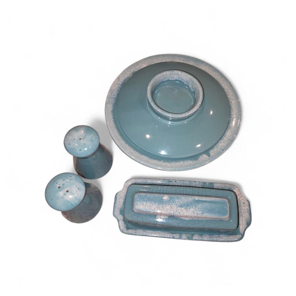 Vintage Hull Pottery Crestone Turquoise Lava Drip 5Pc Serving Set MCM Oven Proof